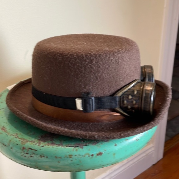 Steam Punk felt hat with goggles brown one size Halloween or concert - Picture 6 of 6